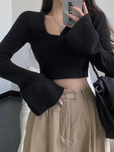 Solid Square Neck Tie Back Trumpet Sleeve Sweater